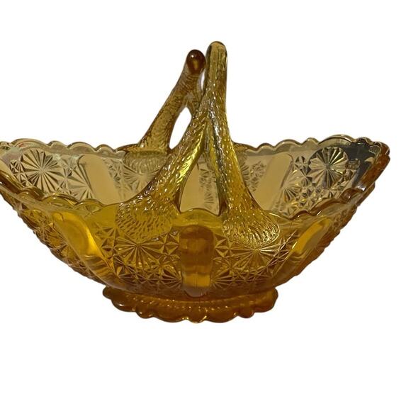 Vintage Fenton Honey Amber Daisy Button Glass Basket with Split Twig Handle MCM - Picture 7 of 8